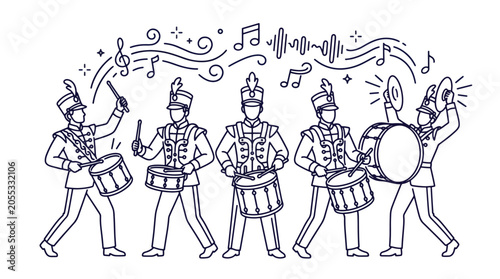 Illustration of marching band playing drums and musical notes in a lively performance