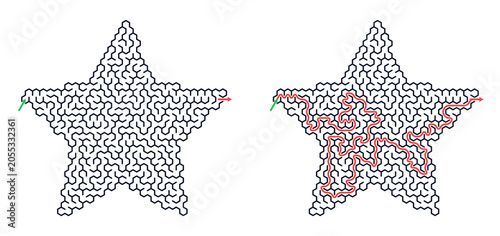 Star shaped maze with solution path. Challenging logic puzzle game for brain training and problem solving. Educational activity for kid and adult to develop critical thinking skill.