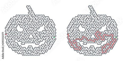 Pumpkin maze puzzle for Halloween. Two logical games in shape of jack o lantern with starting and ending point. illustration for brain training and fun educational activity.