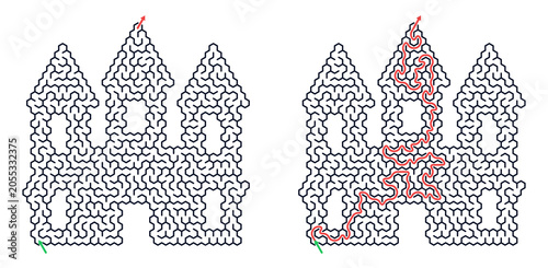 Castle shape maze puzzle with empty and solved path. Logic game to find way from start to finish. Educational challenge for child and adult to develop strategy and thinking skill.