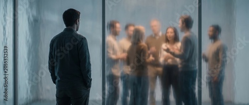 Man standing alone separated by glass from a group of people. Social barrier and isolation concept. Autism spectrum disorder challenge, feeling excluded from social interaction.