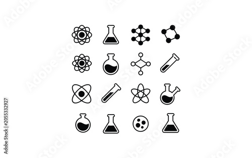 Set of science and chemistry laboratory equipment icons with chemistry