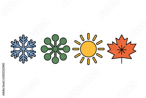 Set of four seasonal icons representing weather cycles with snowflake