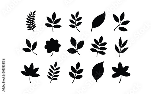 Set of black leaf silhouettes for nature design elements with silhouette