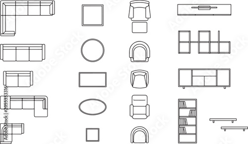 Furniture top view set including sofas tables chairs and storage units for architectural floor plan design vector
