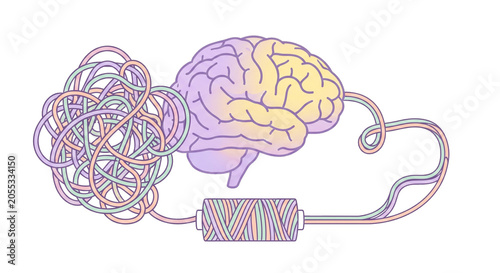 Conceptual 3D illustration of a brain connected to tangled colorful yarn representing thoughts and creativity.