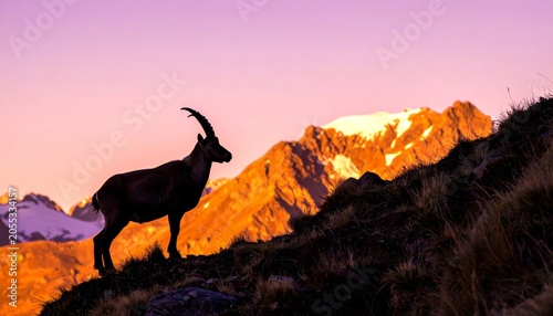 mountain goat on sunset background