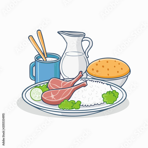 Cartoon illustration of a meal with lamb chops, rice, and milk