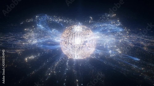 Futuristic cybernetic sphere emitting pulsing energy waves in deep space abstract animation