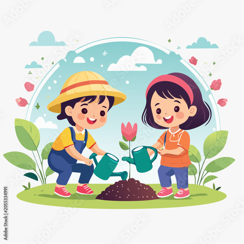Children Watering a Young Plant