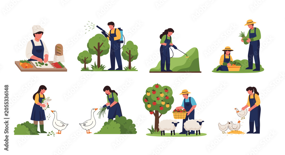 Fototapeta premium Farmers perform various agricultural tasks such as planting, spraying, harvesting, and tending to livestock in a set of rural farming illustrations.