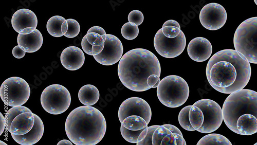 Quadro su tela Iridescent Soap Bubbles Full Frame Black Background 3D Render