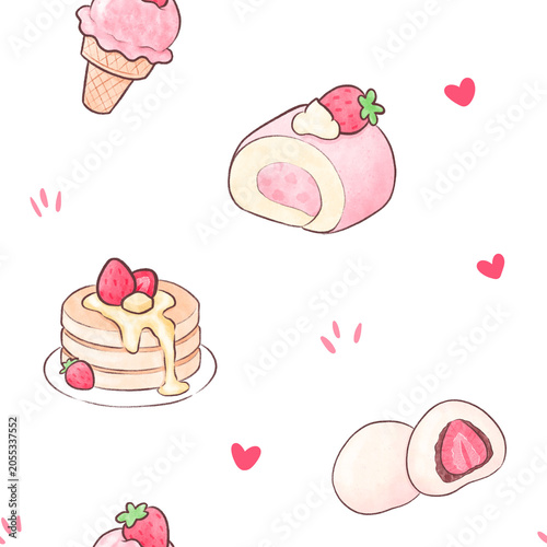 Watercolor Strawberry Cake Seamless Pattern, Background
