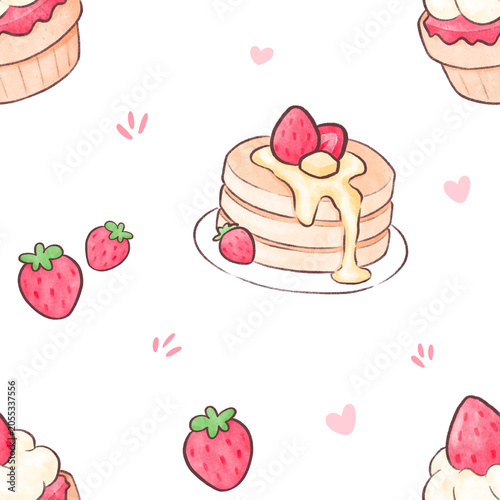 Watercolor Strawberry Cake Seamless Pattern, Background
