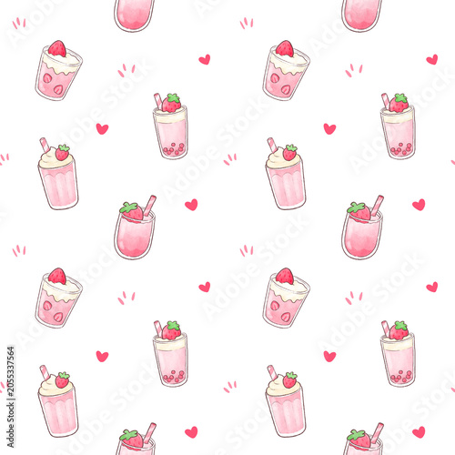 Watercolor Strawberry Smoothie Seamless Pattern, Background