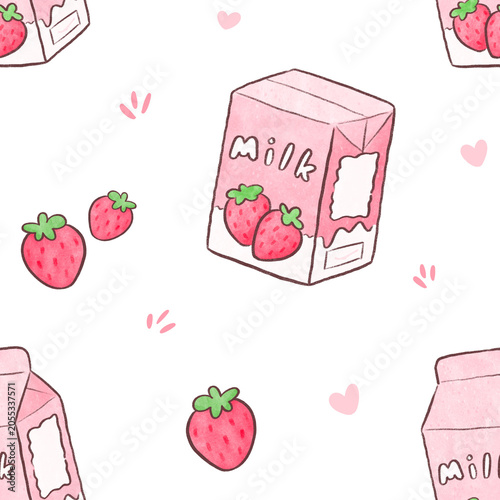 Watercolor Strawberry Milk Carton Seamless Pattern, Background