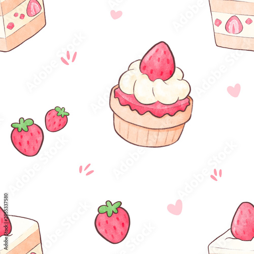 Watercolor Strawberry Cake Seamless Pattern, Background