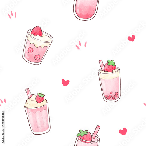 Watercolor Strawberry Smoothie Seamless Pattern, Background