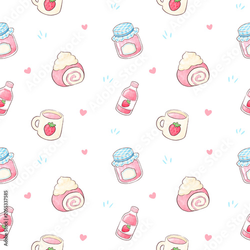 Watercolor Strawberry Cake Seamless Pattern, Background
