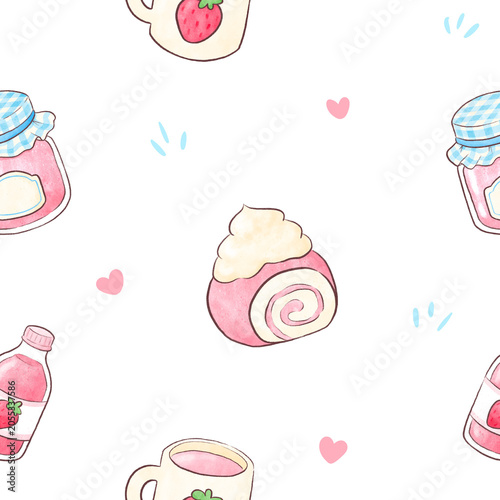 Watercolor Strawberry Cake Seamless Pattern, Background