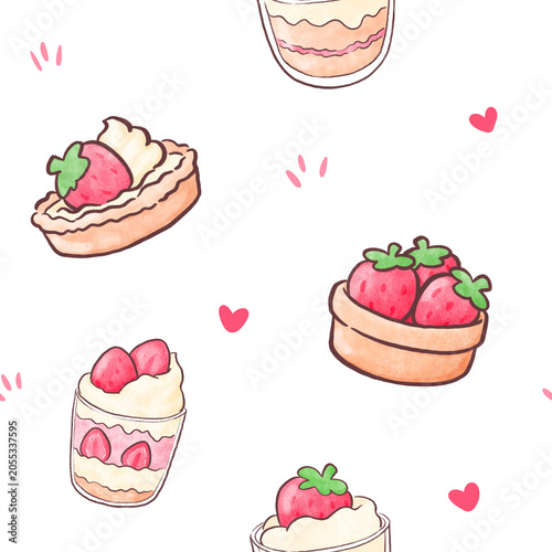 Watercolor Strawberry Cake Seamless Pattern, Background