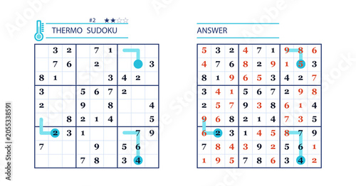 Sudoku puzzle with answers in blue and red color scheme  