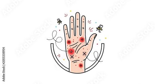 Irritated Human Hand Showing Insect Bite Marks in Minimal Medical Illustration