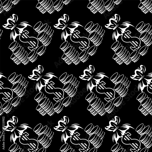 Seamless Pattern of Money Bags with Dollar Signs and Stacks of Coins for Finance and Wealth.