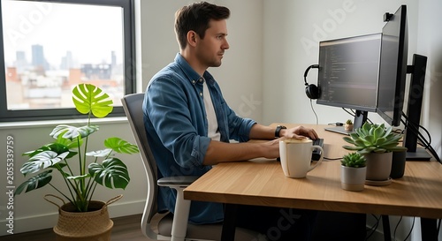 Obraz na płótnie Young man working from home office on computer remote software developer coding on desktop workstation in bright home studio developer software programmer