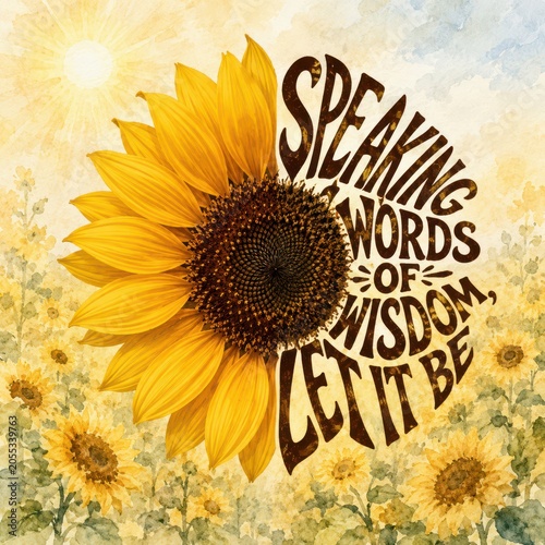 A vibrant sunflower with bold yellow petals stands out in the image, complemented by an uplifting inspirational quote
