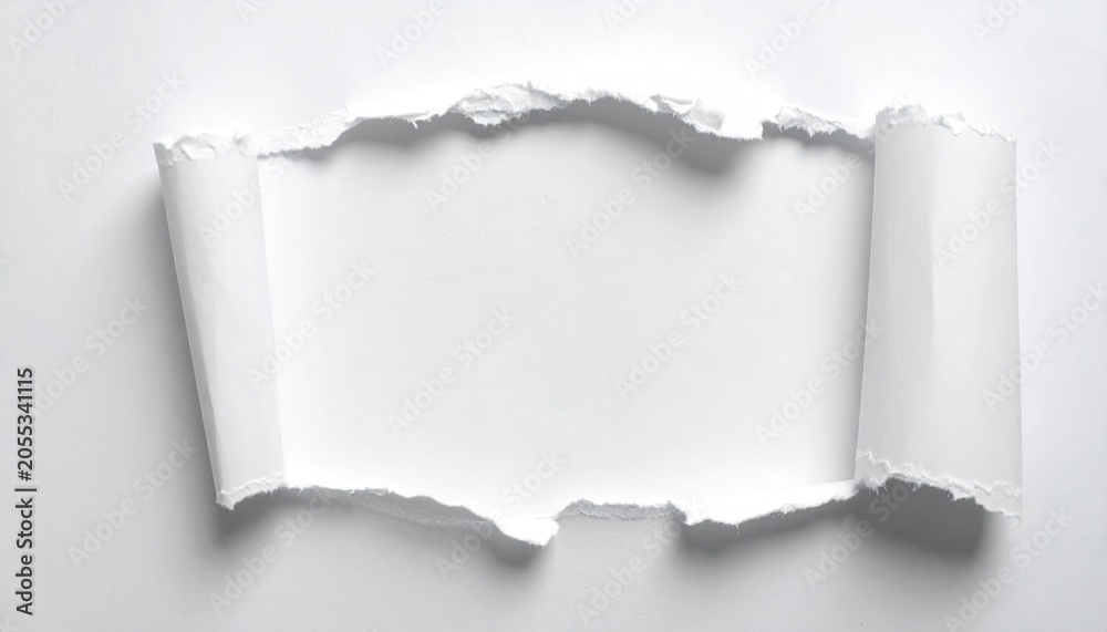 Fototapeta premium Torn white paper with rolled edges, revealing a bright, empty space in the center