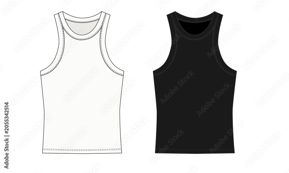 Fototapeta premium Technical sketch of a white and black tank top, vector illustration. Template for a sleeveless tank top for fitness, running, and everyday wear. Sketch of a sports tank top with stitching, front view.