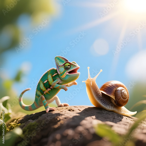 Colorful chameleon interacting with a snail on a rock in nature  