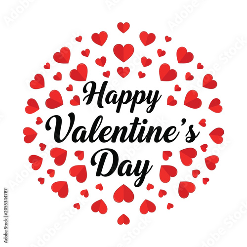 Schilderij op canvas A festive graphic with Happy Valentine's Day text surrounded by numerous red hearts, forming a circular design on a white background, perfect for celebration