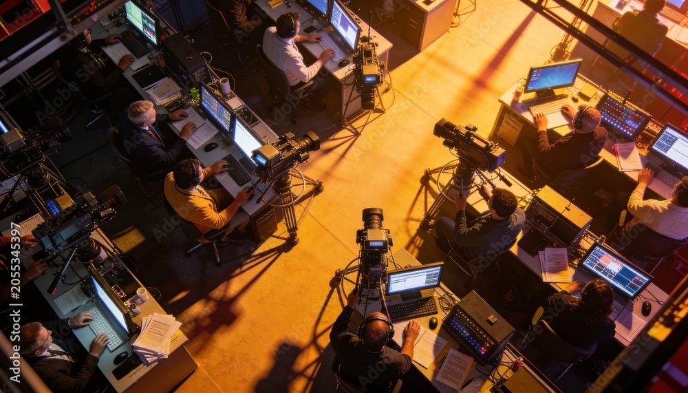 Obraz premium Control Room Operations: A high-angle view reveals a bustling control room, where technicians monitor multiple screens and operate complex machinery.