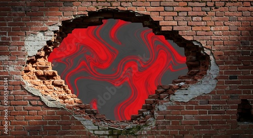 Damaged Brick Wall Revealing Abstract Red and Black Swirl Background