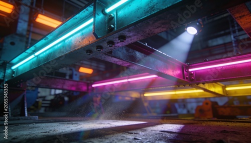 Industrial Glow: Vibrant neon lights in cyan, magenta, and yellow illuminate the interior of an industrial space, casting dramatic shadows and creating a cyberpunk-inspired atmosphere.