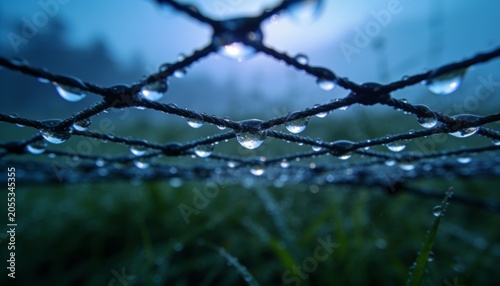 Morning Dew on a Net: Crystal clear water droplets cling to a fine mesh net, glistening like jewels in the soft morning light, with a blurry green landscape in the background.