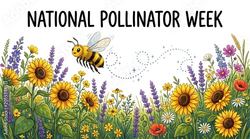 Pollinator in a vibrant flower garden during National Pollinator Week, sunny and lively scene