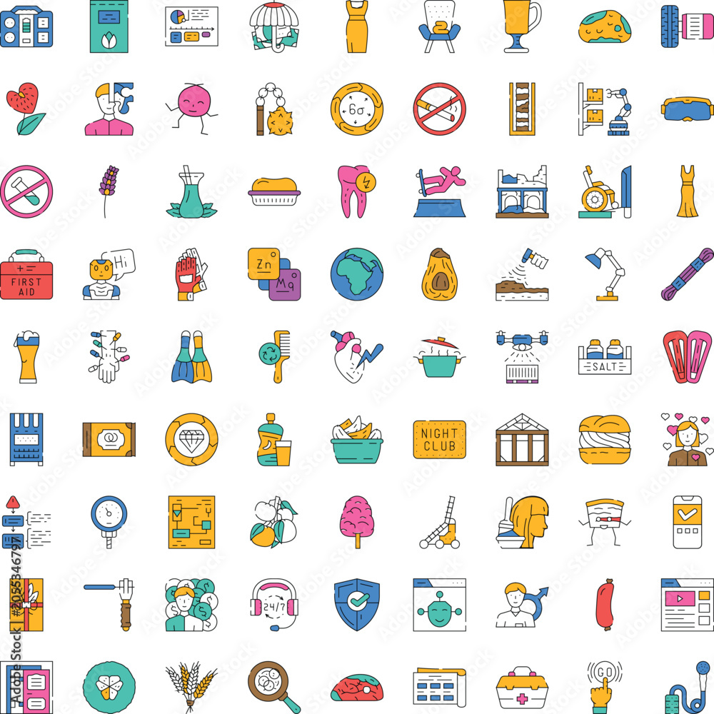 Fototapeta premium Set of colorful outline icons illustrating various themes and subjects, depicting business, lifestyle, health, food, and modern technology concepts for web and print applications
