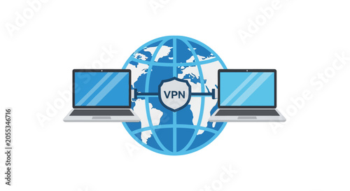 VPN Virtual Private Network Security Concept with Globe and Laptops - Flat Vector Illustration for Secure Global Connection and Data Privacy Protection