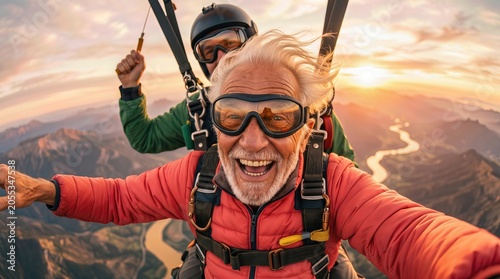 Senior male skydiver with white hair and glasses smiles widely while tandem paragliding with instructor over scenic mountain landscape at sunset