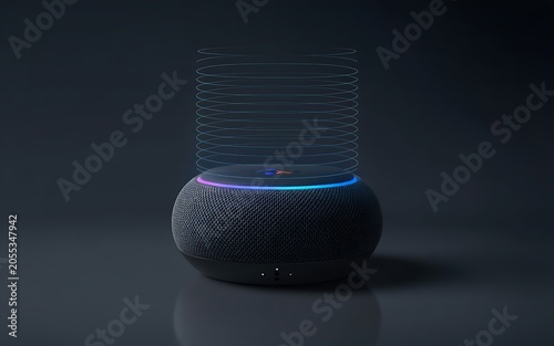 Round black smart speaker with a glowing multi-colored LED ring on and abstract blue sound waves emanating upwards against a dark gray background, symbolizing wireless connectivity and digital