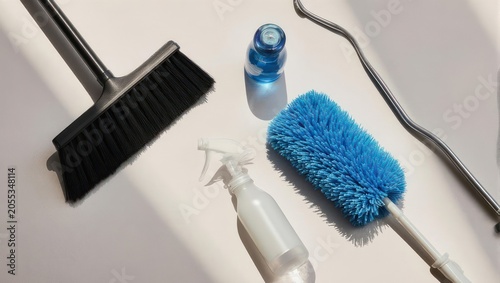 Overhead shot of cleaning tools brush, bottle, duster, spray bottle, on a white surface