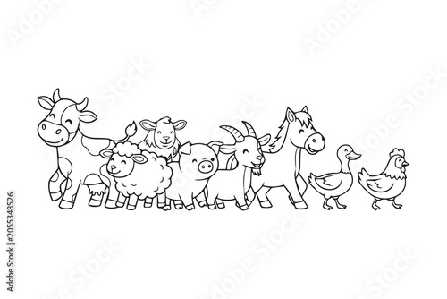 Farm Animal Parade Coloring Page. Cute barnyard animals walking in a line, black and white outline illustration for kids coloring book, printable farm worksheet.
