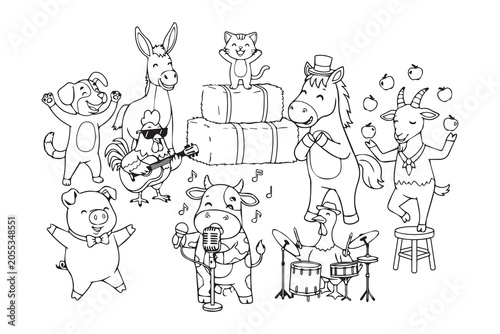 Animal Birthday Party Coloring Book Collection. Cute animals celebrating a birthday party with cake, balloons and gifts, black and white outline illustration set for children coloring book pages. 