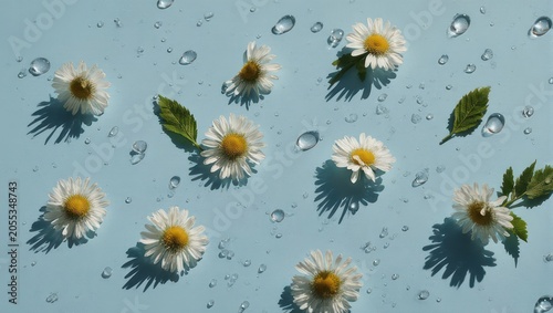 Overhead shot of daisies with green leaves and water droplets on a light blue surface