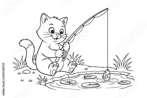 Kitten Fishing By Pond Coloring Book Page. Playful kitten holding a fishing rod beside a pond, charming black and white outline illustration for kids coloring book, printable activity and educational.