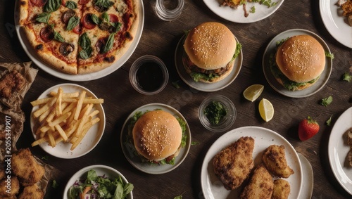 Overhead shot of a wooden table laden with various cooked foods pizza, burgers, fries, salads