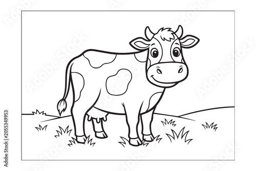 Holstein Cow Farm Scene Coloring Book Illustration. Adorable dairy cow grazing in countryside pasture with grass and farm background, clean outline drawing for kids coloring book. 